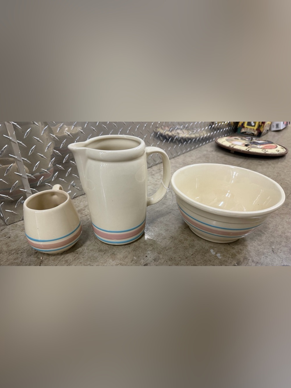 Vintage McCoy Pottery Pitcher Bowl with Pink and Blue Stripe USA Lot Of 3